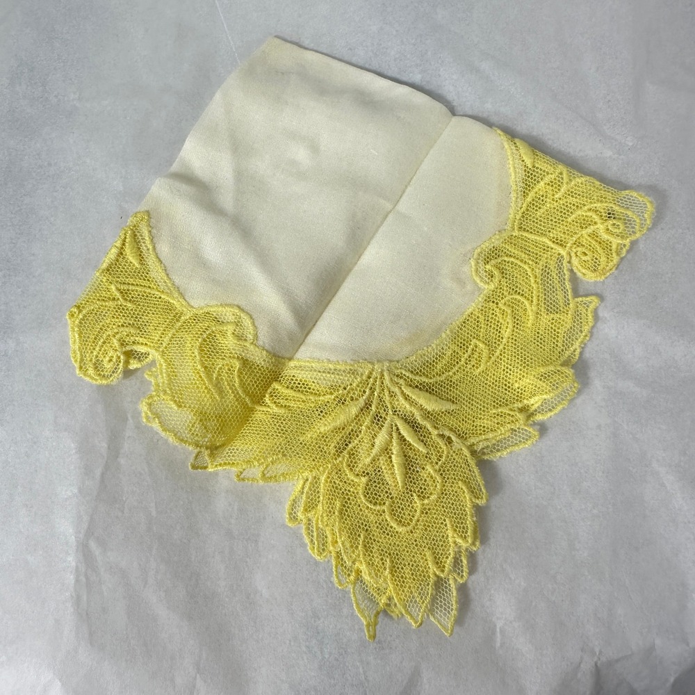 Vintage Ivory Handkerchief Yellow Floral Lace Embroidered Hankie 12" Square